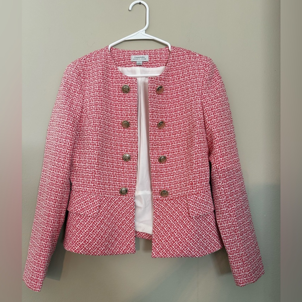 Tahari ASL Pink Tweed Double-Breasted Collarless Jacket